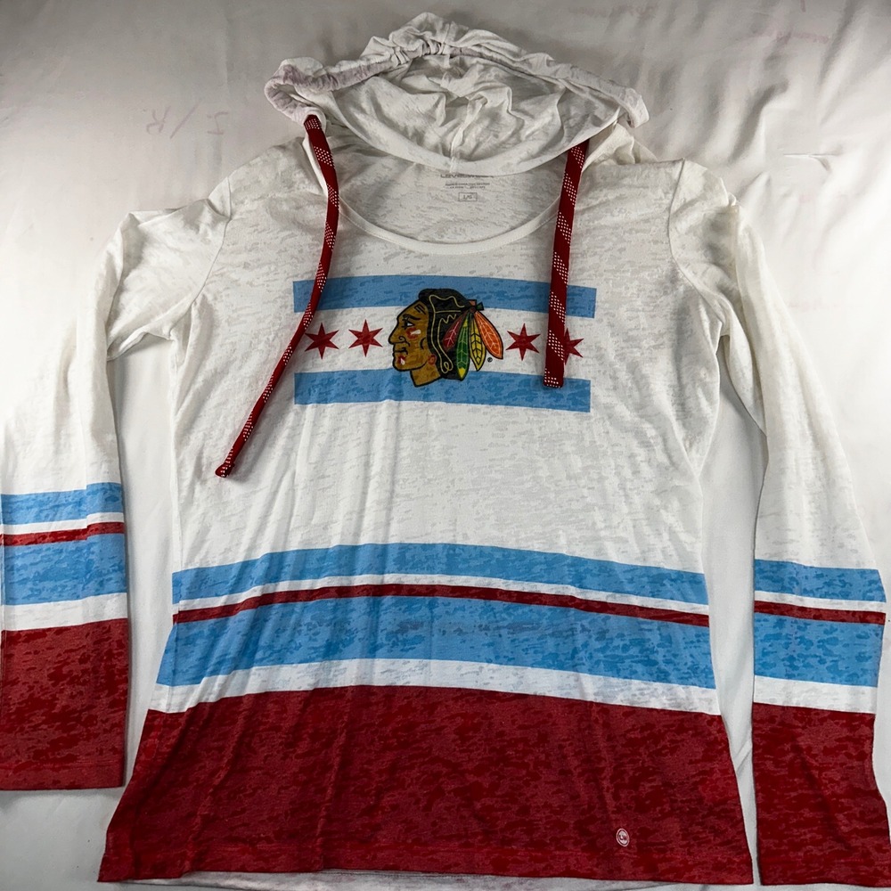 Levelwear Chicago‎ Blackhawks City Flag Burnout Hoodie Shirt Womens Large White